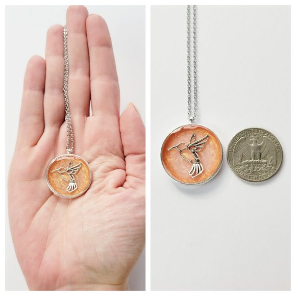 Hummingbird Pendant Necklace Metallic Peach Silver Round Bezel Handmade Necklace - Picture 6 of 9